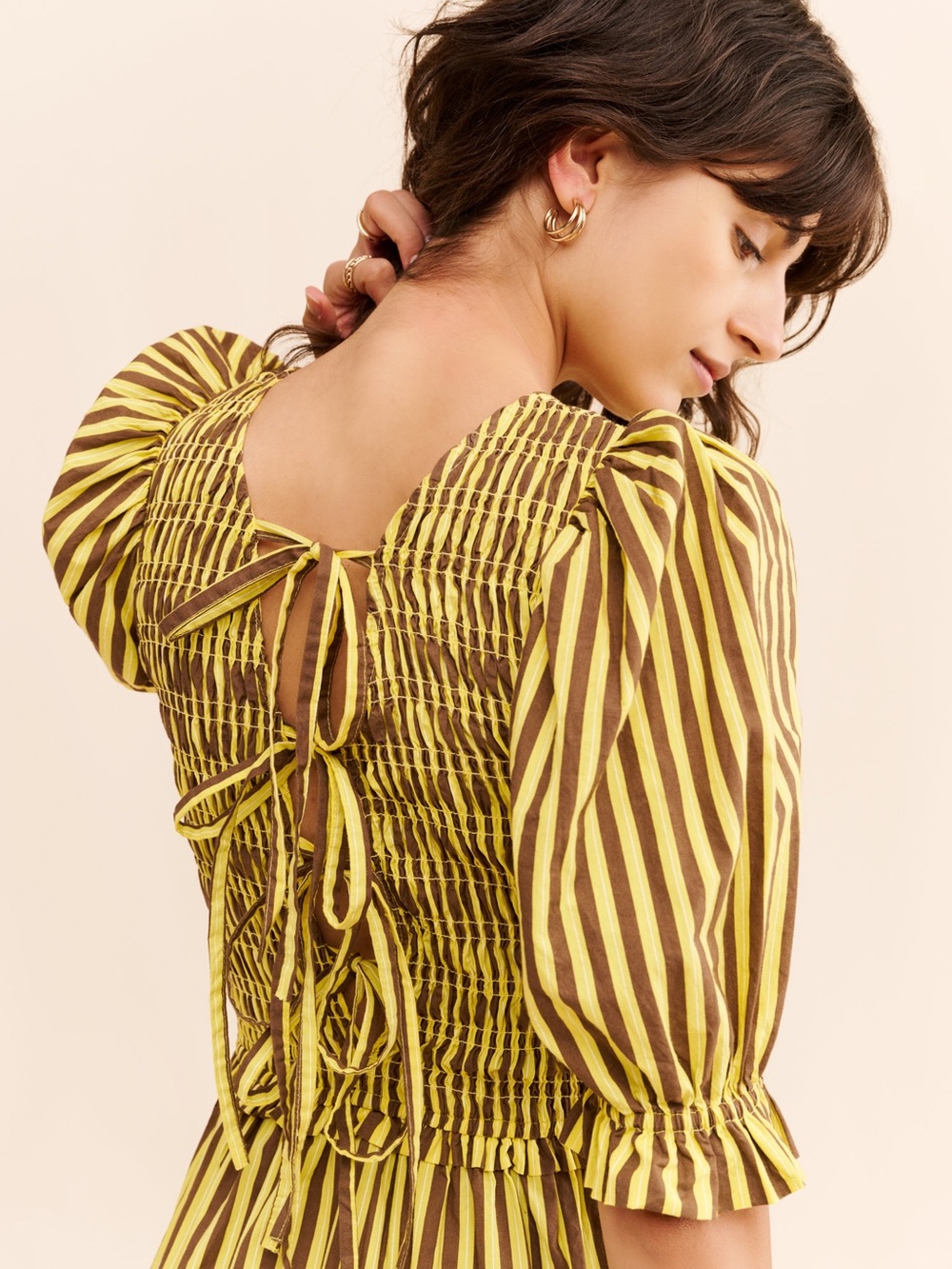 Damson Madder Bluebelle Reversible Smocked Stripe Midi Dress Yellow Brown - Picture 3 of 5